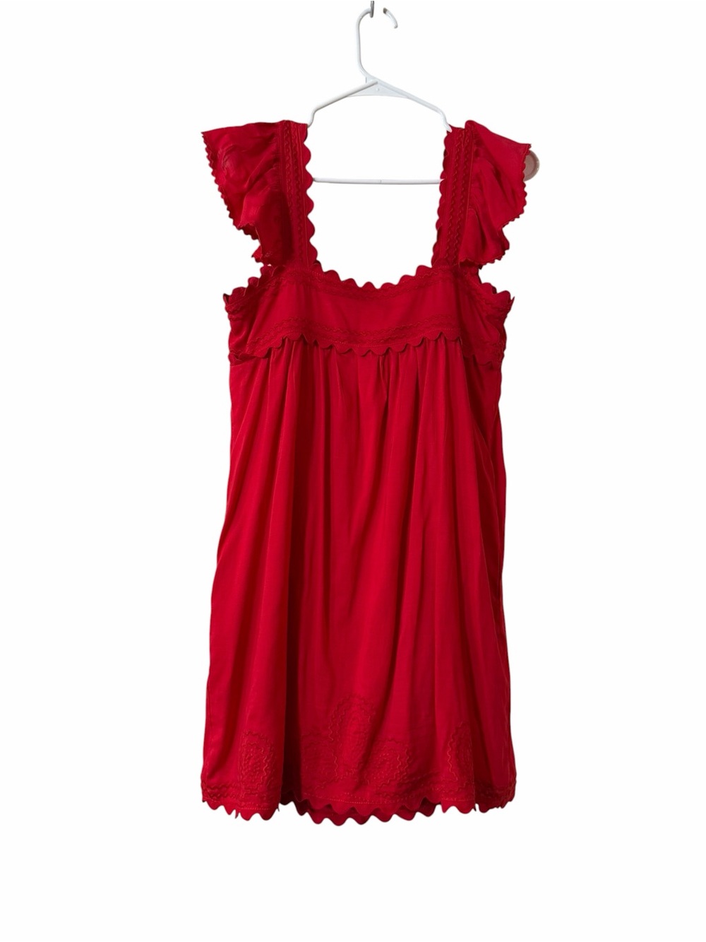 J.Marie Red Scallop Trim Babydoll Dress Small Linen Blend Flutter Sleeve - Picture 6 of 8
